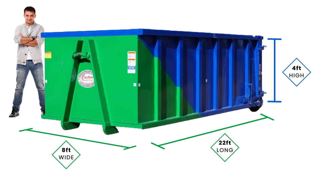 Man standing next to a 20-yard dumpster with a closed lid, illustrating dimensions: 22 feet long, 8 feet wide, and 4 feet high.