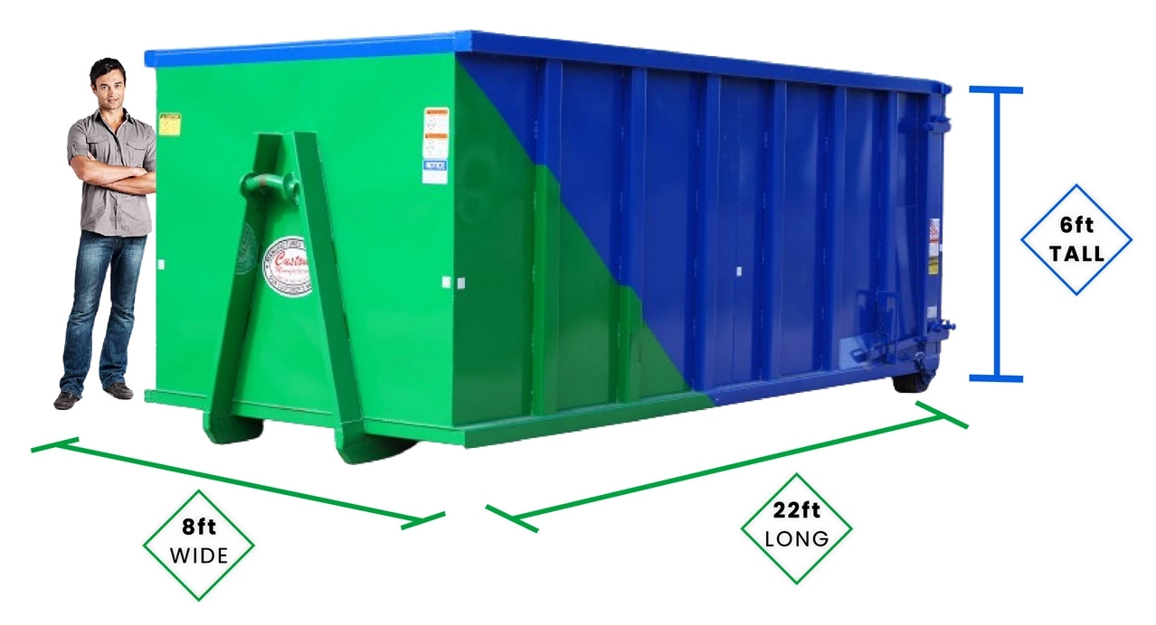 Man standing next to a 30-yard dumpster with a closed lid, illustrating dimensions: 22 feet long, 8 feet wide, and 6 feet tall.