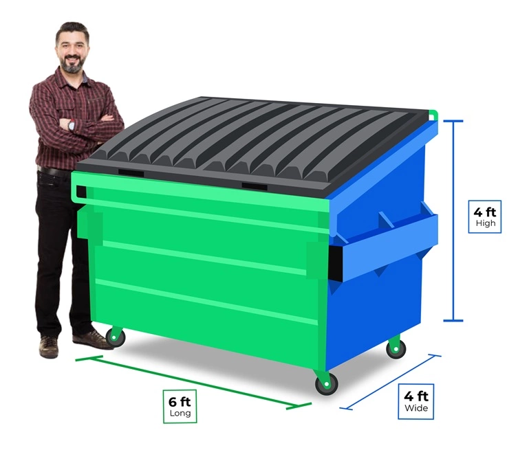 Man standing next to a 4-yard dumpster with a closed lid, illustrating dimensions: 6 feet long, 4 feet wide, and 4 feet high