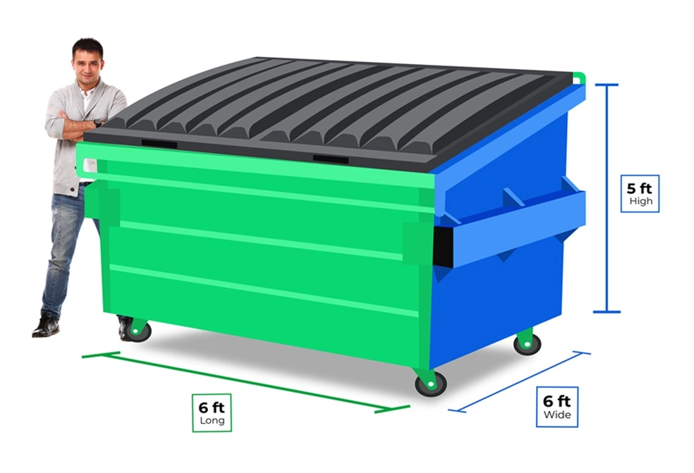 Man standing next to a 6 Yard Dumpster in Irvine, California with a closed lid, illustrating dimensions: 6 feet long, 6 feet wide, and 5 feet high.