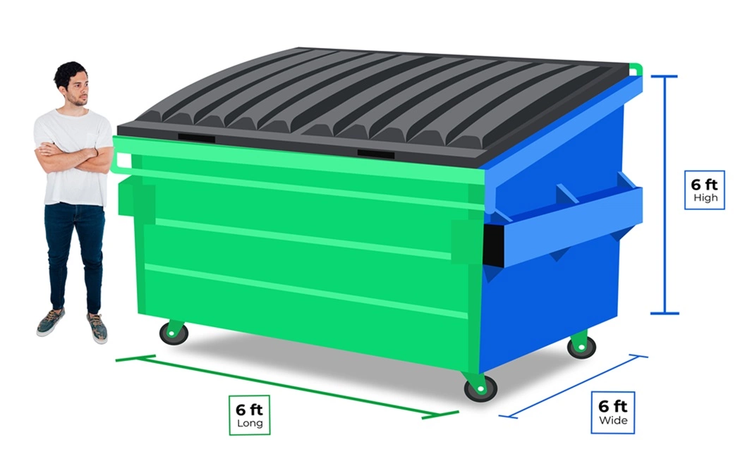 Man standing next to an 8 Yard Dumpster in Irvine, California with a closed lid, illustrating dimensions: 6 feet long, 6 feet wide, and 6 feet high.