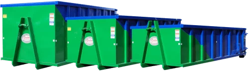 Three green and blue dumpsters of varying sizes lined up, ready for rental services in Irvine, CA.